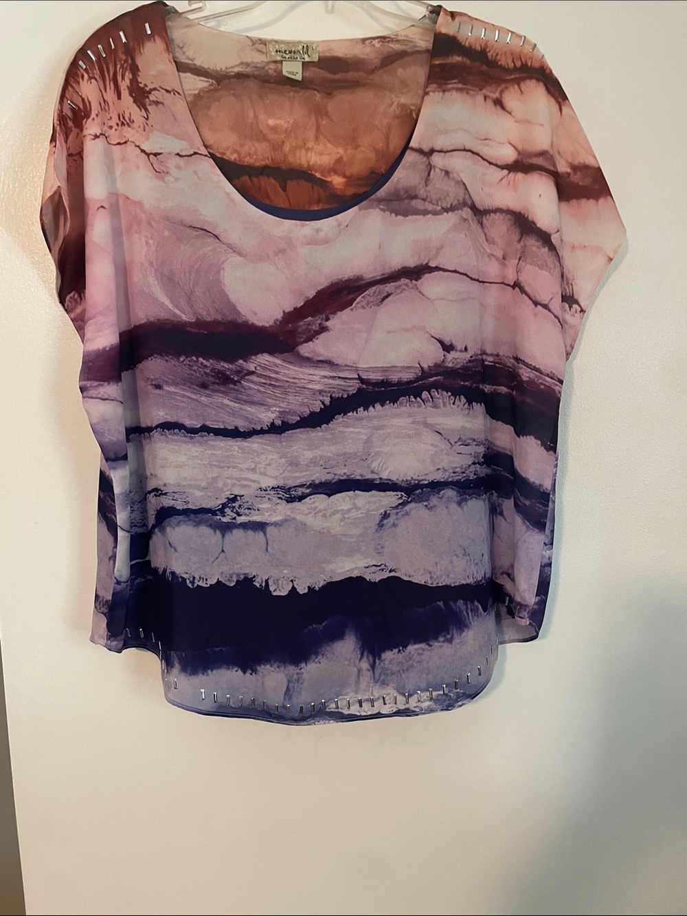 ONE WORLD Sheer Ombre Scoop Neck Blouse - Purple/Pink
